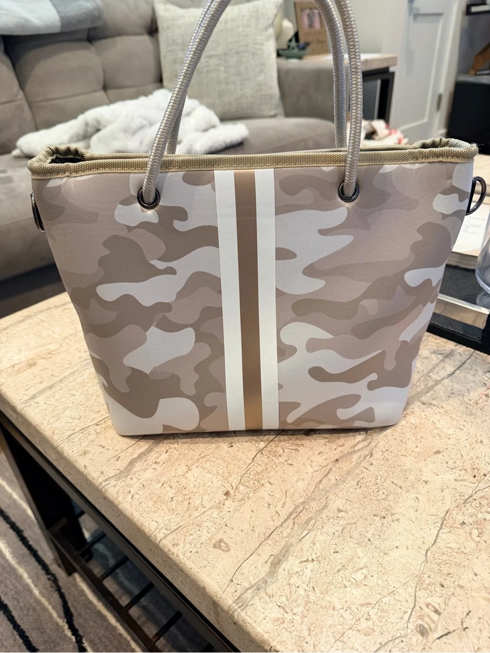 Neutrals Camo Neoprene Stripe Tote Bag with Pouch and Strap